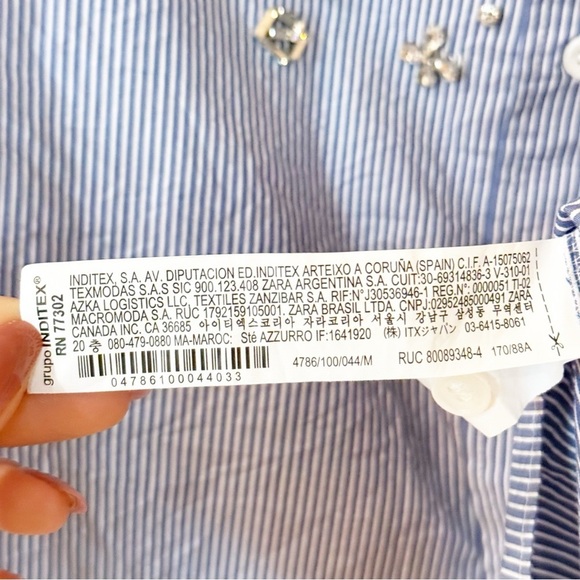 ZARA JEWEL APPLIQUÉ POPLIN STRIPE BLUE WHITE SHIRT - Picture 7 of 9